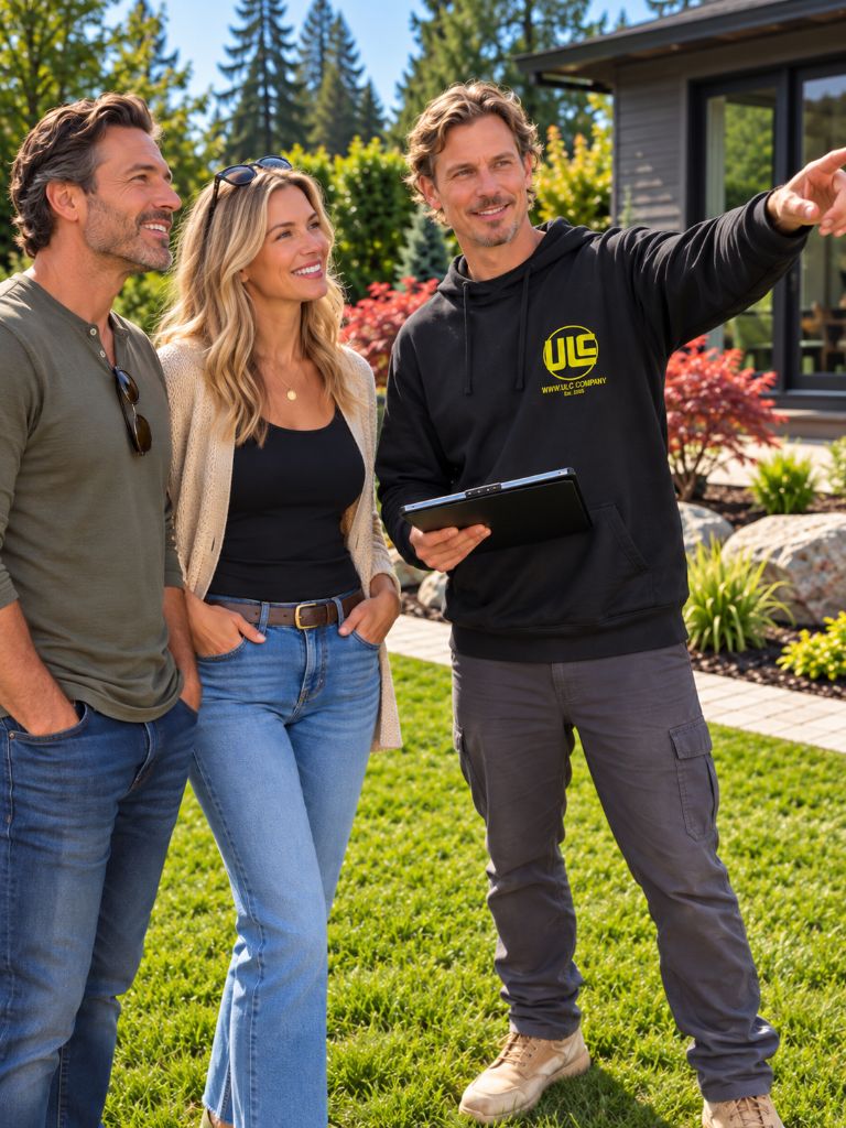 A landscaper in a ULC hoodie points out features of a yard to two homeowners during a walkthrough
